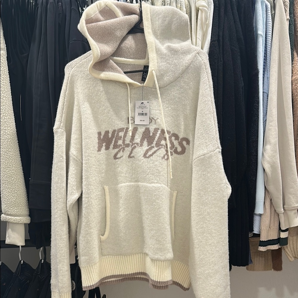 Cozy Cream Knit Hoodie with Wellness Graphic
